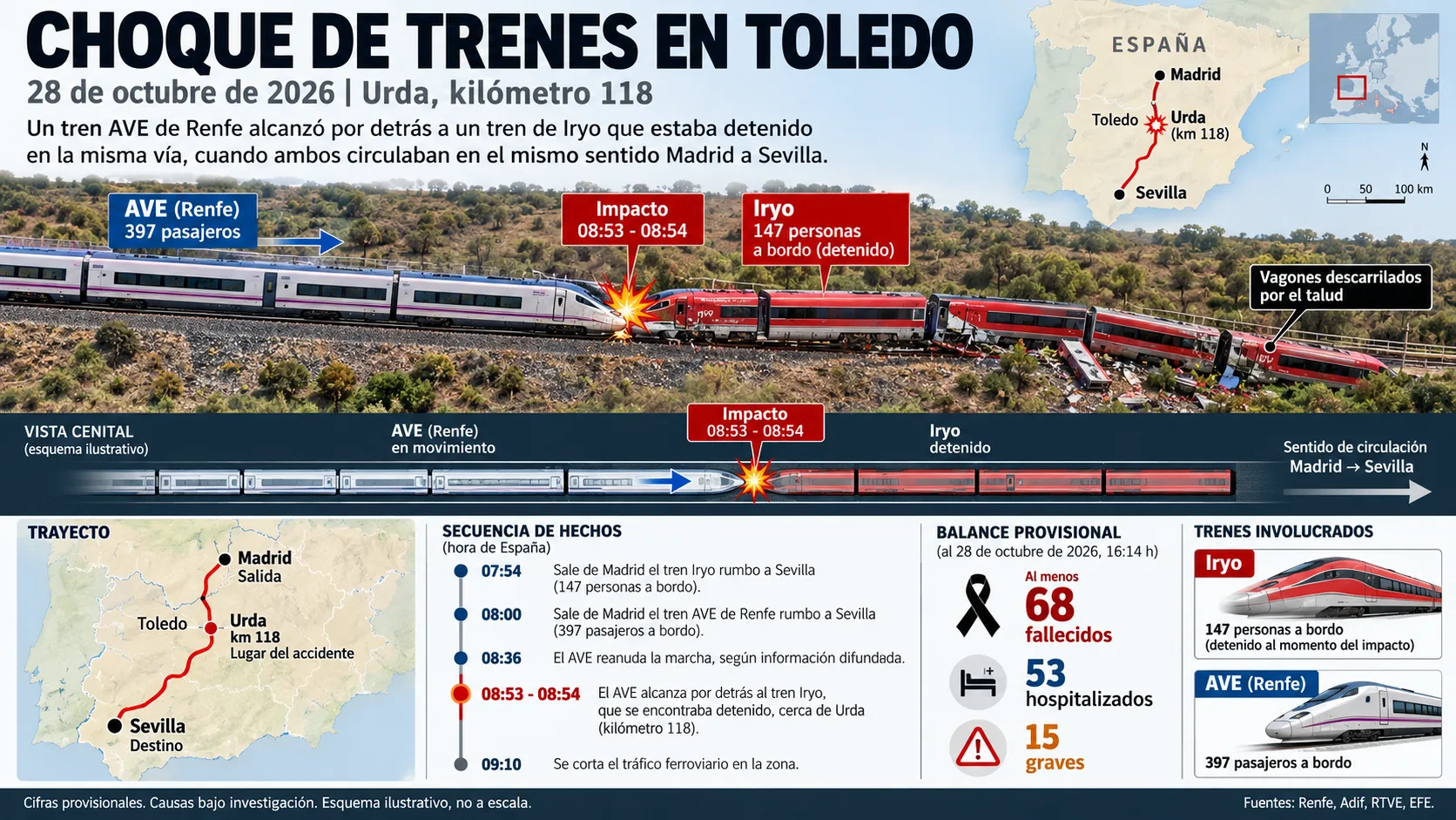 Tragedia ferroviaria en España: dos trenes de alta velocidad chocaron y dejaron al menos 68 muertos
